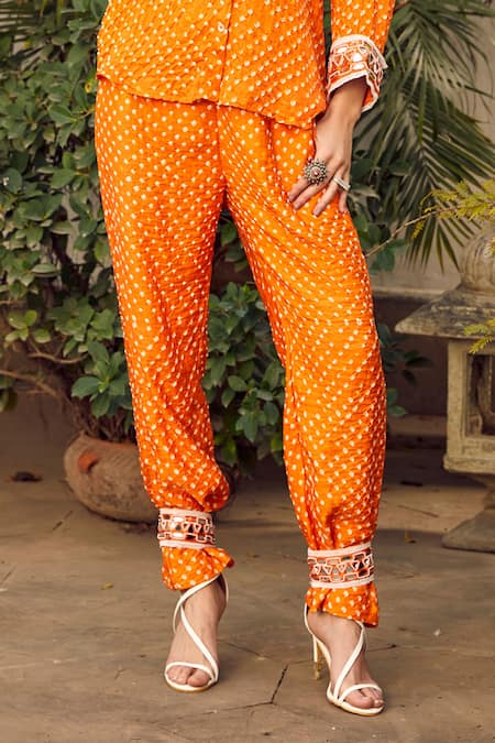 Buy_Twenty Nine_Orange Gajji Silk Bandhani Hand Embroidered Kutch Pant _Online_at_Aza_Fashions