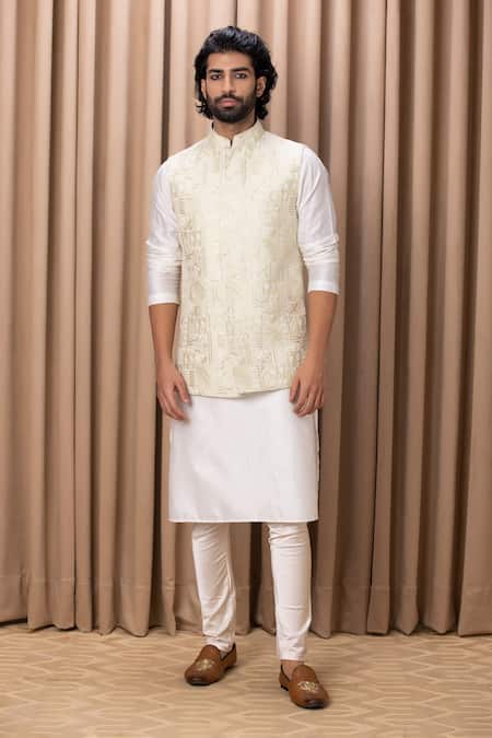 House of Pataudi Men Green & Gold-Toned Ethnic Motifs Woven Nehru Jacket -  Absolutely Desi