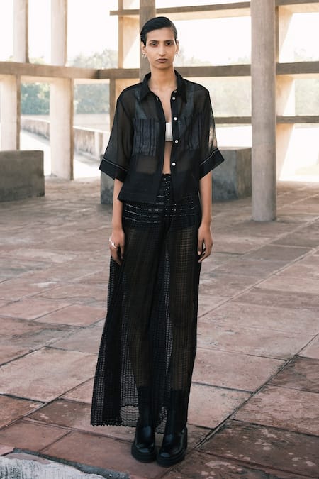 Urvashi Kaur Black Chanderi Cotton, Silk Embroidery Collared Ignea Sheer Crop Shirt