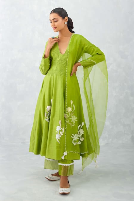 Devnaagri_Green Chanderi, Silk Organza Pearls, Embroidery Ikat Print Anarkali Palazzo Set _Online_at_Aza_Fashions