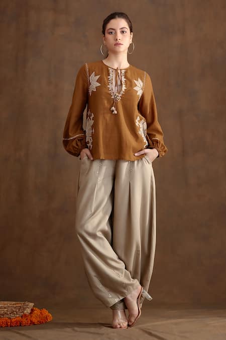 Nikasha Brown Cotton, Silk, Rayon Embroidery, Beads Applique Top And Baggy Pant Set 