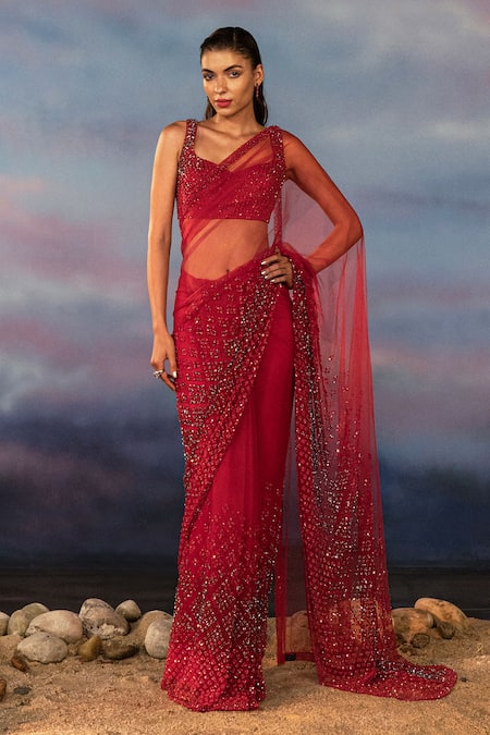 Rohit Gandhi + Rahul Khanna Maroon Tulle Embroidery Crystal Mystic Hematite Saree With Blouse 