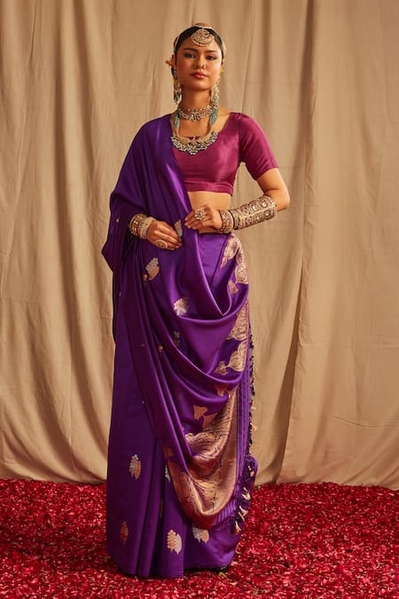 Paaprika Purple Pure Spun Silk Handwoven Zari Leaf And Floral Banarasi Saree 