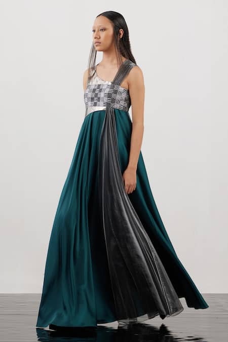 Akhl Green Silk Satin (100% Polyester) + Lurex-tulle (57% Gathered Strap Gown Online at Aza Fashions Akhl_Green Silk Satin (100% Polyester) + Lurex-tulle (57% Gathered Strap Gown _Online_at_Aza_Fashions