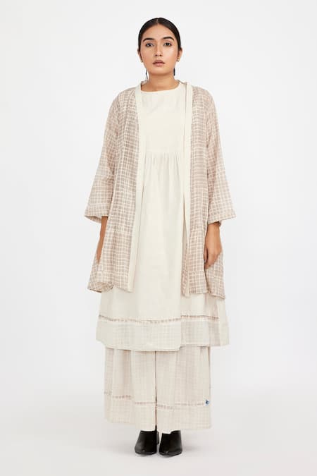 Jayati Goenka White Cotton Handblock Print Checks Robe Checkered Belted Skirt Set 