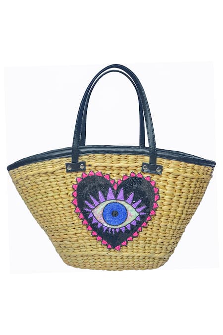 GINN AND TONIK Beige Sequin And Beads Evil Eye Embellished Woven Beach Bag 