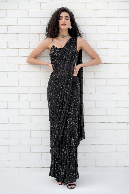 Talking Threads Crystal Embellished Black Saree Gown 