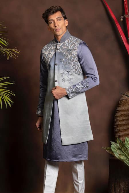 More Mischief Ombre Silk Linen Long Bundi & Kurta Set 