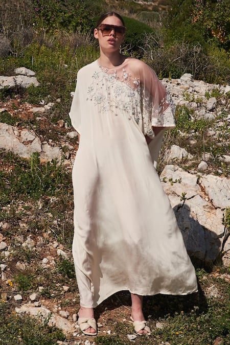 Shruti Sancheti White Crepe, Net Sequins Round Neck Floral Hand Embroidered Kaftan 