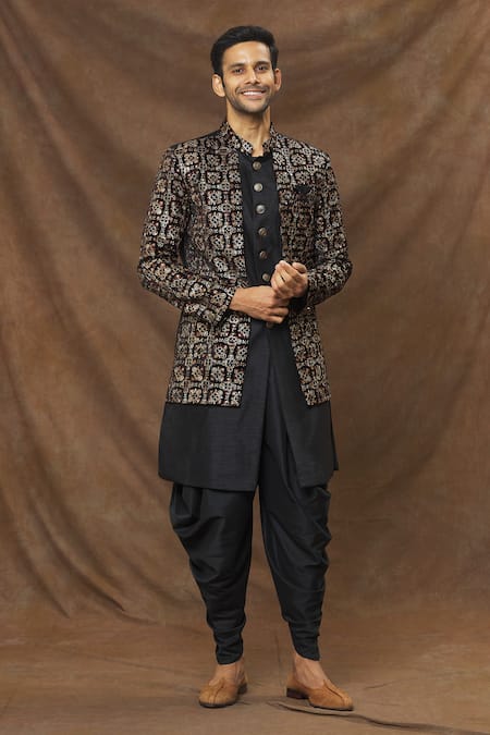 Buy Black Art Silk Embroidered Floral Placed Velvet Sherwani Set For