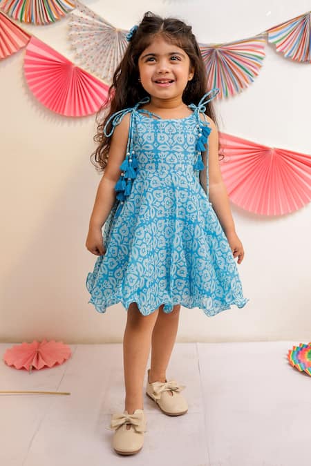 Buy Sky Blue Mul Cotton Printed Floral Tassel Tie Up Dress For