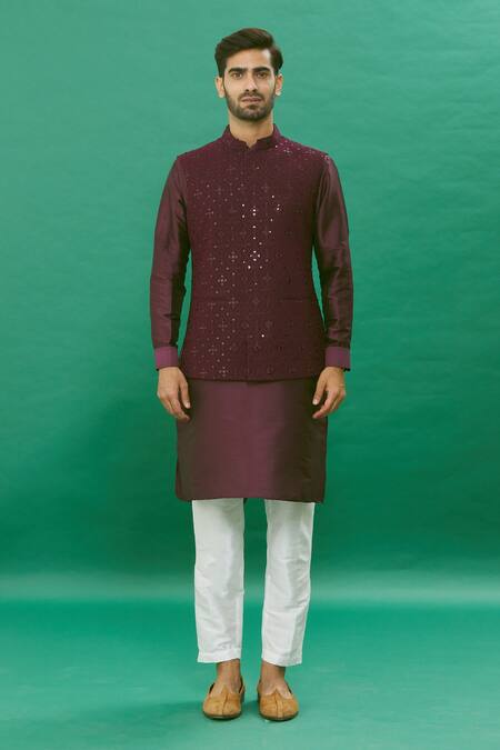 Buy Rng Safawala Wine Cotton, Silk Sequins, Embroidery Kurta Set With Nehru Jacket Online at Aza Fashions Buy_Rng Safawala_Wine Cotton, Silk Sequins, Embroidery Kurta Set With Nehru Jacket_Online_at_Aza_Fashions