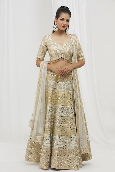 Vandana Sethi Beige Silk Mirrors, Sequins V-neck Floral Mirrorwork Panelled Bridal Lehenga Set 