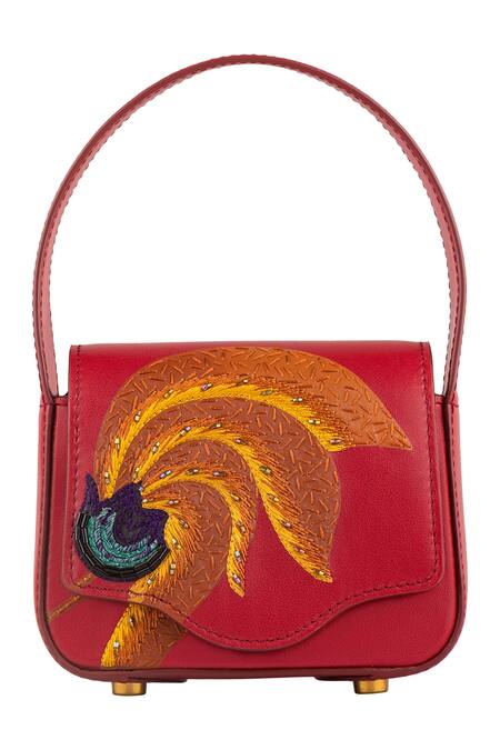 Aranyani Red Thread And Cut Dana Embroidered The Kesuda Flower Top Handle Bag