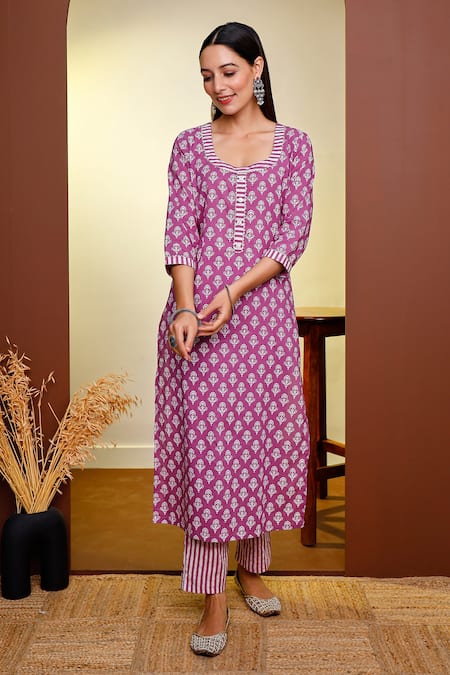 Pheeta Pink Cotton Printed Striped Round Floral Hand Kurta And Pant Set 