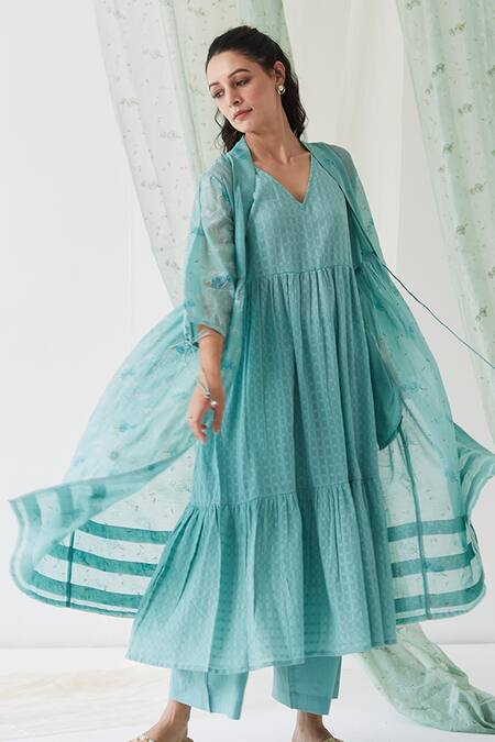 Banera_Blue Cotton, Silk, Chanderi Tassels, Beads Amber Block Print Overlay With Dress _Online_at_Aza_Fashions