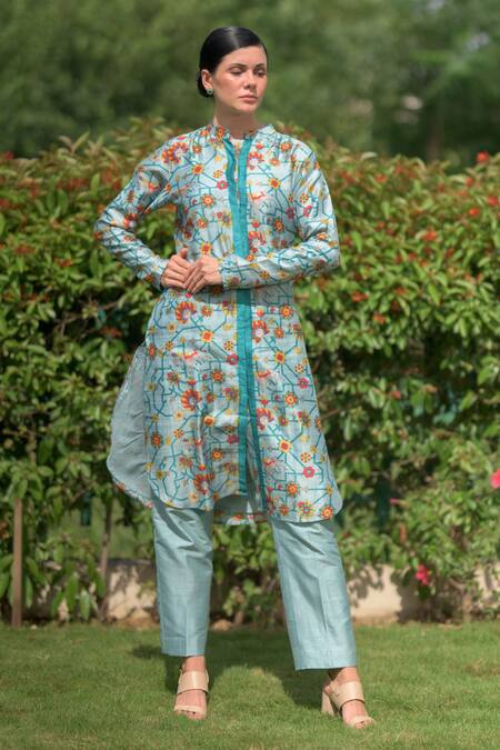 Shop Thetaa Sky Blue Dupion Silk Floral Band Collar Kurta Set at Aza Fashions Shop_Thetaa_Sky Blue Dupion Silk Floral Band Collar Kurta Set_at_Aza_Fashions