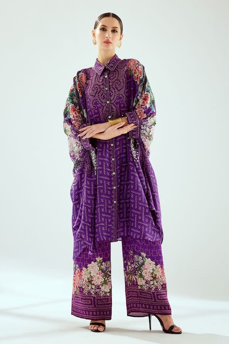 Rajdeep Ranawat Purple Silk Geometric Collared Neck Kamara Floral Pattern Shirt Tunic 