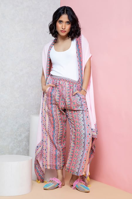 Rhe-Ana Pink Cape  Modal Printed Floral And Pant Set  