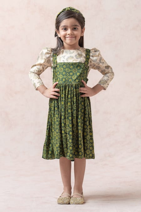 Green and Gold Festival Designer Frock for Birthday Girl Specially Mad   Stanwells Kids