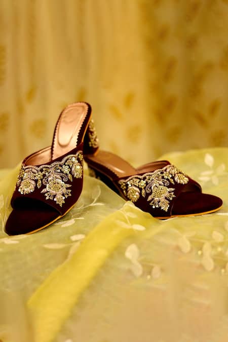 Rajasthani Stuff Maroon Embellished Tapta Velvet Round Toe Heels