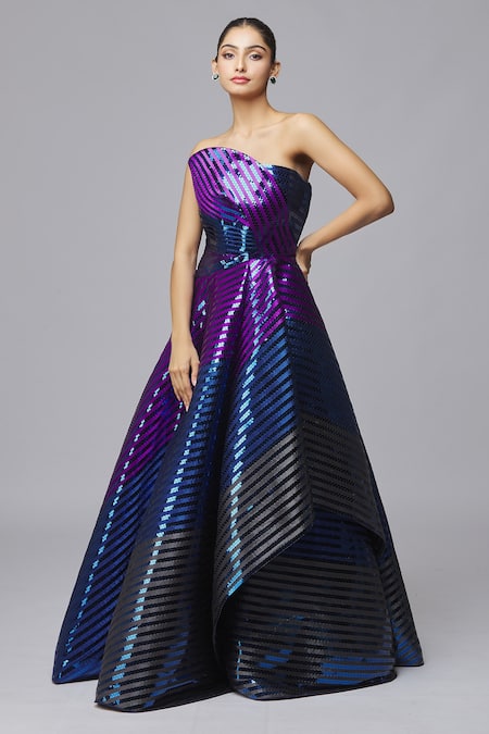 Amit Aggarwal Blue Mesh Embroidered Striped Asymmetric Metallic Bandeau Gown 