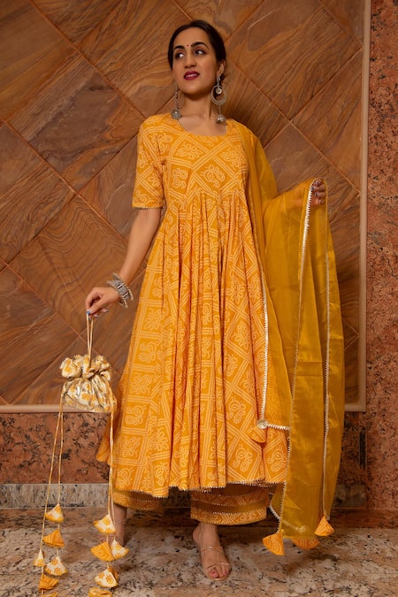 POMCHA JAIPUR Bandhej Flared Anarkali Set 