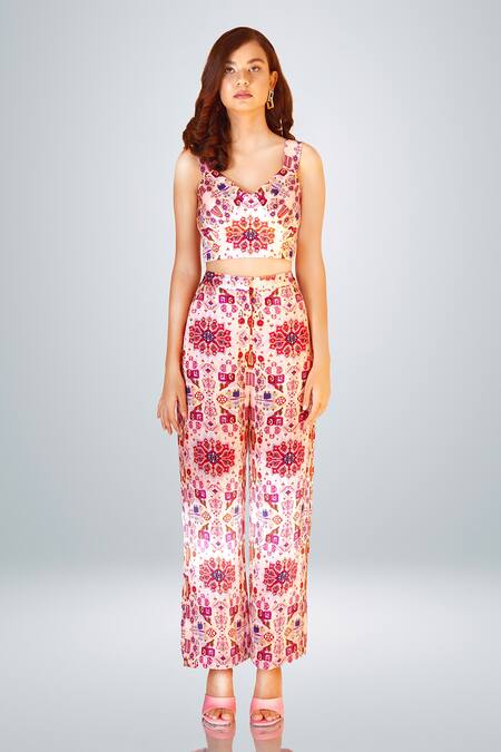 Betrue Pink Satin Silk Printed Kashan Wide Legged Pant