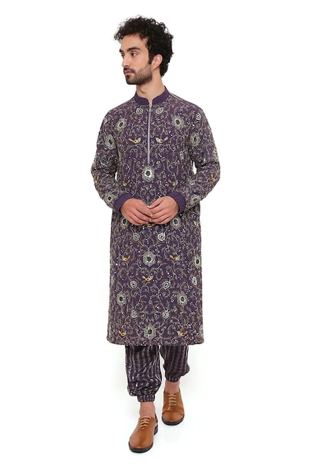PS Men by Payal Singhal Purple Georgette Embroidered Floral Kurta And Joggers Set 