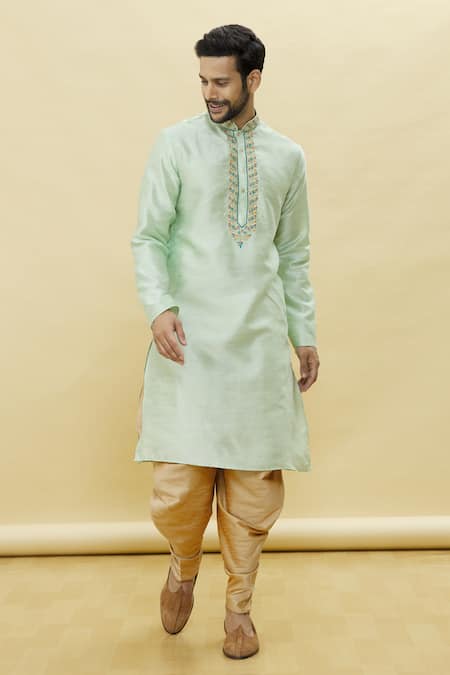 Samyukta Singhania Green Silk, Leather Embroidery Mandarin Collar Kurta Patiala Set 