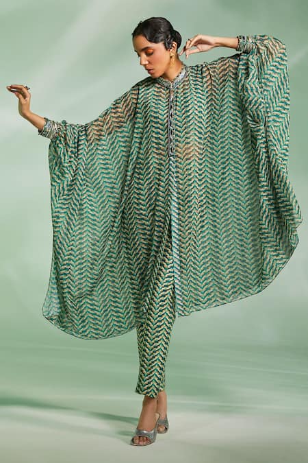 Divya Aggarwal Green Shirt Cape Chiffon Printed Geometric Mandarin Collar Riley Trouser Set 