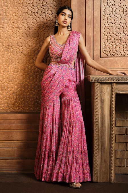 Aneesh Agarwaal Pink Chiffon Print Flower Mandala V Neck Pre-draped Sharara Saree With Blouse