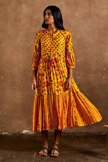 Label Kinjal Modi Yellow Cotton Silk Printed Pleated Midi Dress