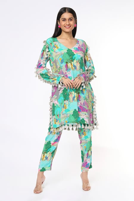 PS Pret By Payal Singhal Grey Crepe Printed Kuno V Neck Kurta And Pant Set 