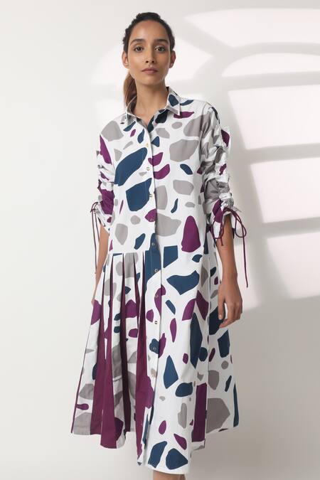 Studio Moda India Blue 100% Cotton Printed Terrazo Collared Neck And Shirt Dress  