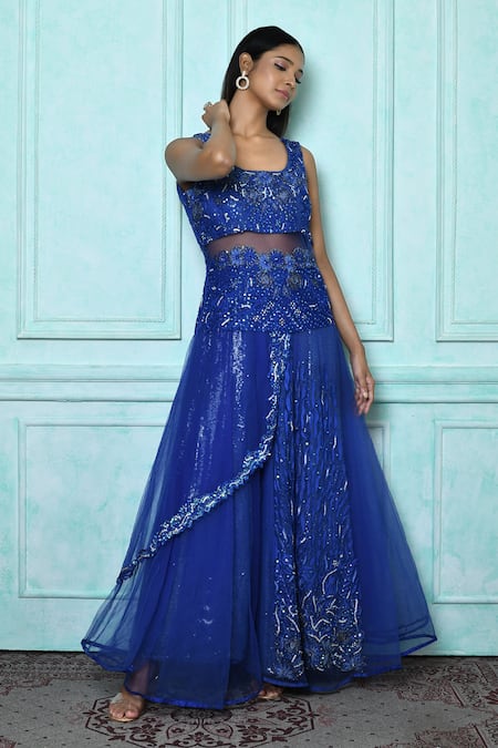 Samyukta Singhania Blue Net Embroidered Resham U Neck Sequin Gown 