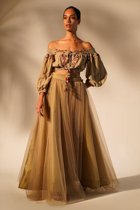 Nikita Mhaisalkar_Brown Tulle A-line Flared Skirt _Online_at_Aza_Fashions