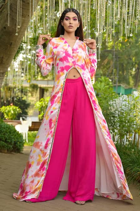 Disha Kahai Pink Kurta  Cotton Satin Hand Embroidered Tie-dye Stand Pattern And Palazzo Set 