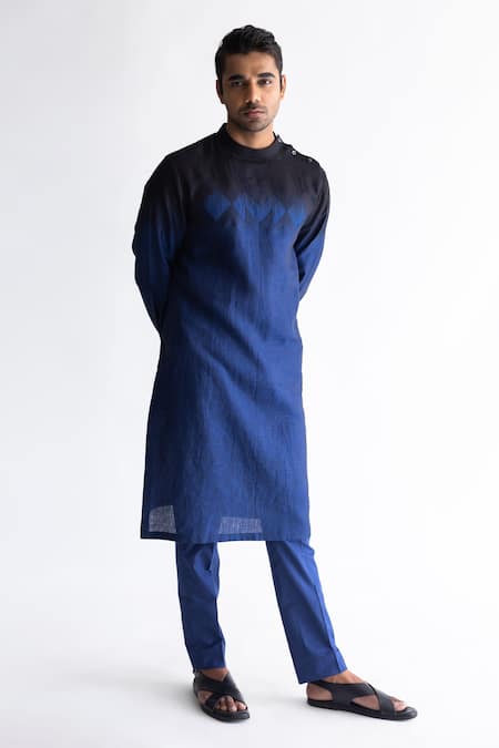 Kaha Blue Linen Pintuck Beryl Geometric Detail Kurta With Pant  