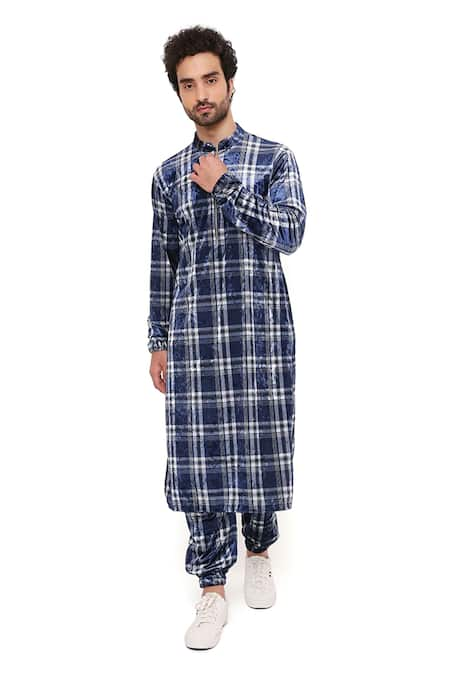 PS Men by Payal Singhal Velvet Checkered Bomber Kurta & Joggers Set 