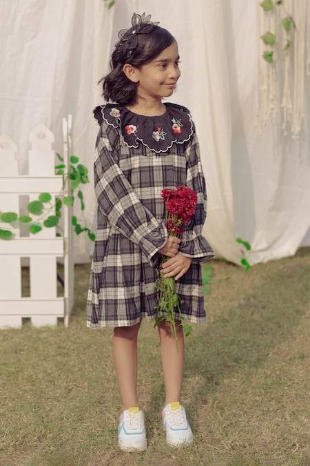 Bagichi Black Cotton Flannel Check Floral Chloe Dress 