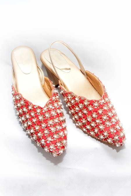 Shop Foot Fuel Red Embroidery Lagoon Mule Block Heels at Aza Fashions Shop_Foot Fuel_Red Embroidery Lagoon Mule Block Heels _at_Aza_Fashions