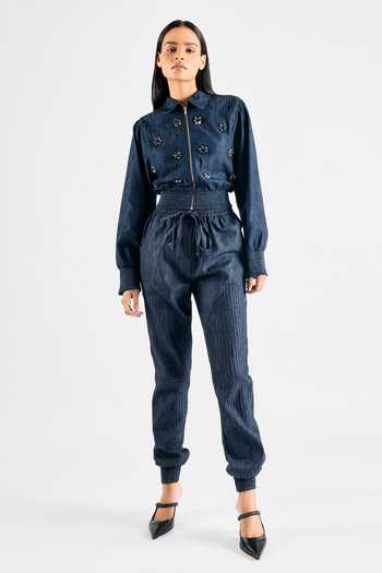 Buy Mellowdrama Blue Tencel, Denim Collared Embellished Jacket And Pant Set at Aza Fashions Buy_Mellowdrama_Blue Tencel, Denim Collared Embellished Jacket And Pant Set_at_Aza_Fashions