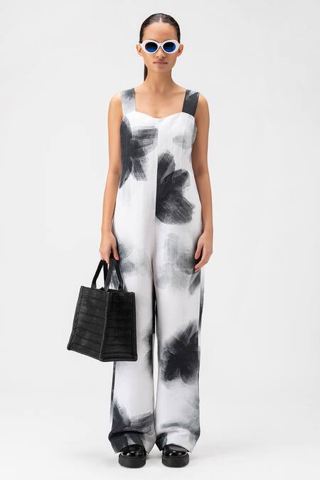 Genes Lecoanet Hemant White Hemp Sequins Sweetheart Neck Ombre Floral Jumpsuit