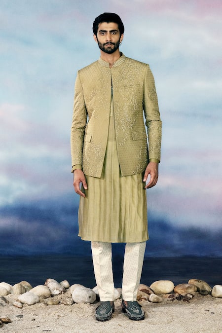 Rohit Gandhi + Rahul Khanna Malachite Embellished Bandhgala Kurta Set 
