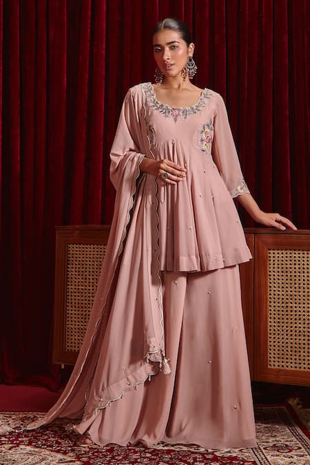 Ajiesh Oberoi Pink Georgette Embroidered Floral Patterns Riddhi Peplum Kurta Sharara Set 