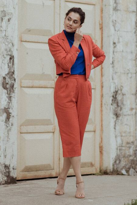 Betrue Orange Cotton Linen Notched Double Breasted Jacket And Culottes Set  