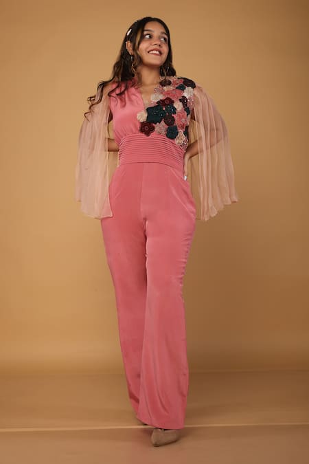 LABEL SHRISTI CHETANI Pink Crepe Embellished Floral V Neck Jumpsuit 