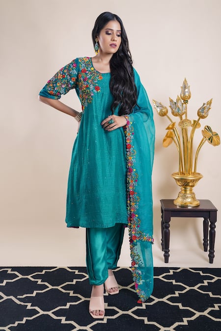Bhusattva Green Silk, Cotton, Organza Embroidery, Beads Round Neck Placement Kurta Set 