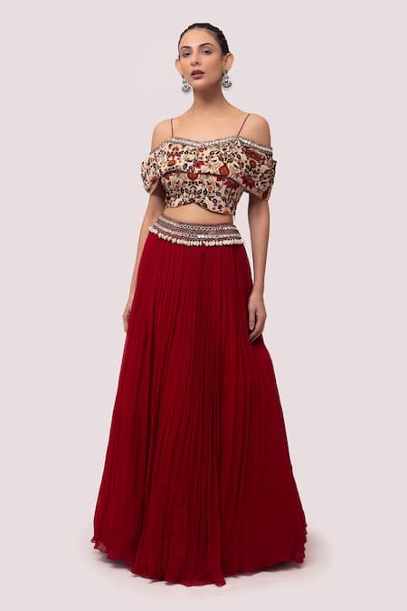 Onaya Red Georgette Printed And Embellished Floral Top & Skirt Set 